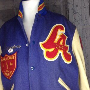 VINTAGE 1984 DeLong Sportswear Varsity Golf Letterman Jacket; Leather and Wool
